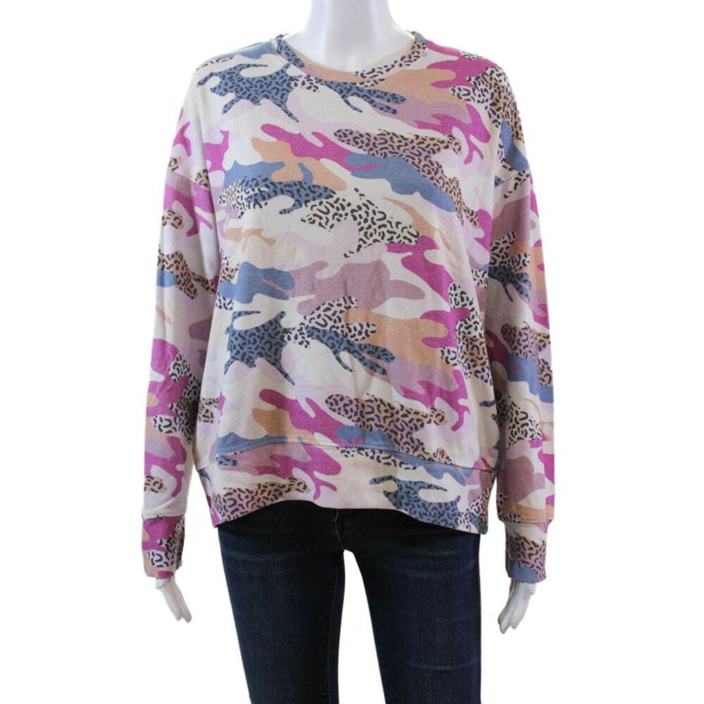 Sundry Womens Long Sleeve Crew Neck Leopard Camouflage Sweater White Multi 1